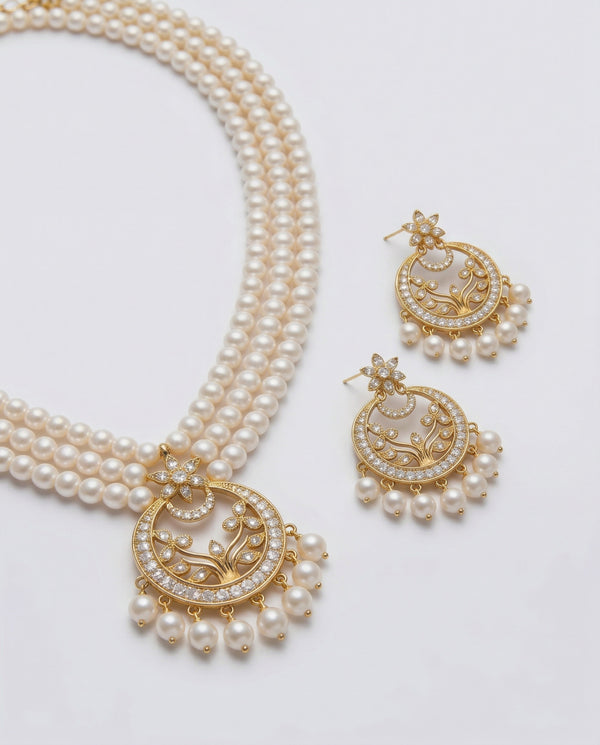 Majestic Triple-Strand Pearl & Floral Jewellery Set