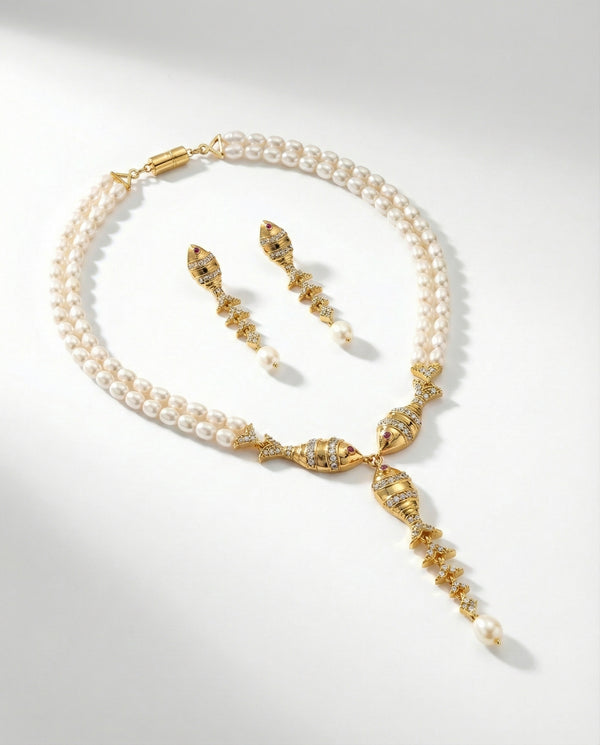 Golden Fish & Double-Strand Pearl CZ Jewellery Set
