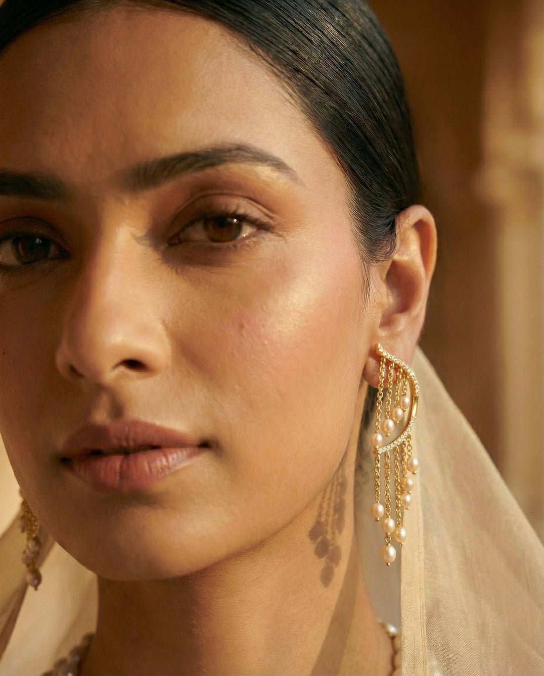 Golden Cascade Pearl Earrings