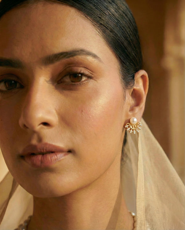 Golden Sunburst Pearl Stud Earrings