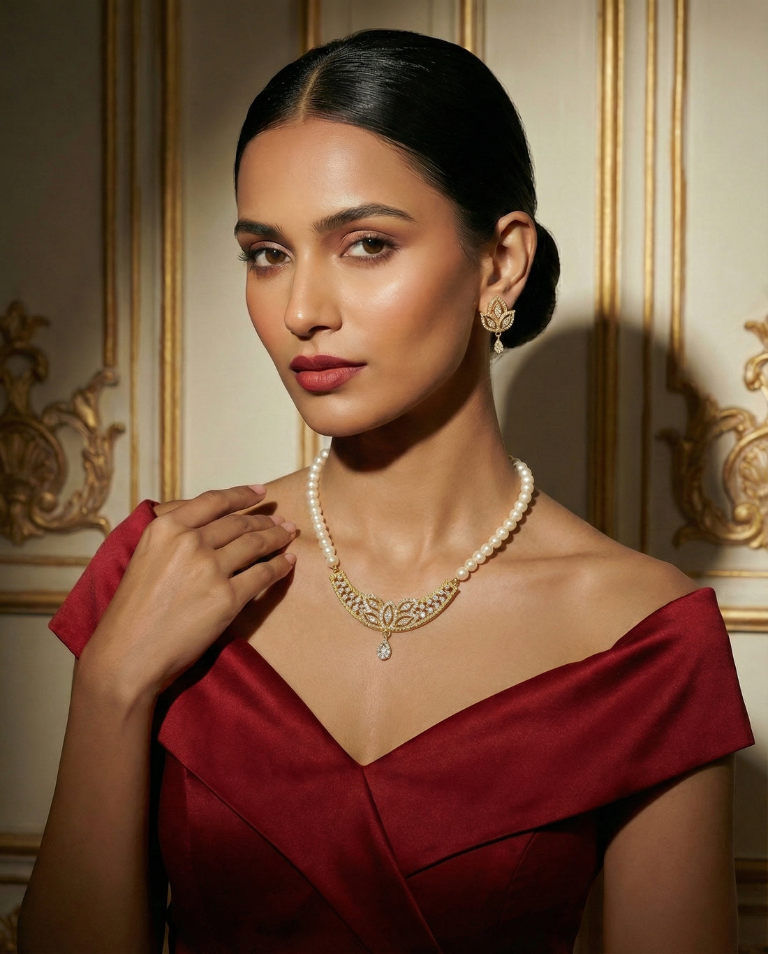 Gold-Plated Lotus Filigree Pearl Set