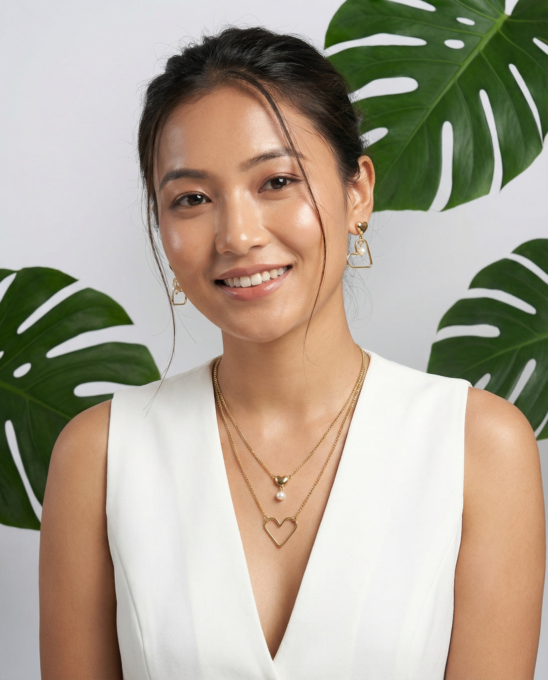 Elegant Heart & Pearl Gold-Plated Layered Necklace and Earring Set