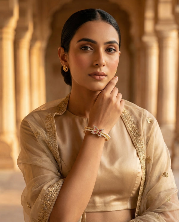 Ornate Gold Plated Butterfly Pearls Bangle