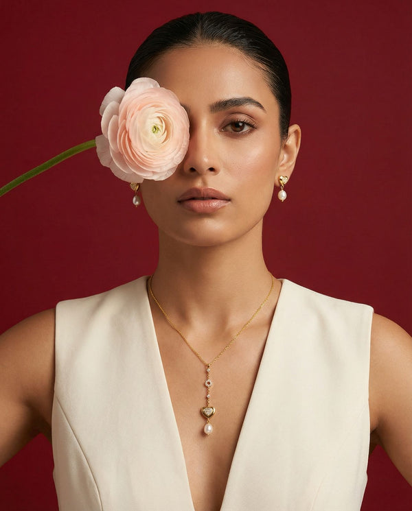 Classic Heart Pearl Drop Pendant with Earrings Set