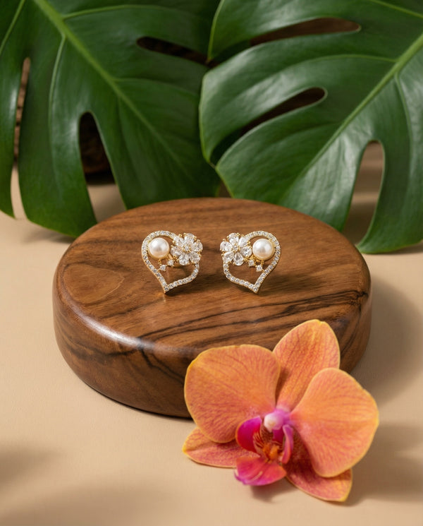 Romantic Heart & Blossom Pearl Stud Earrings