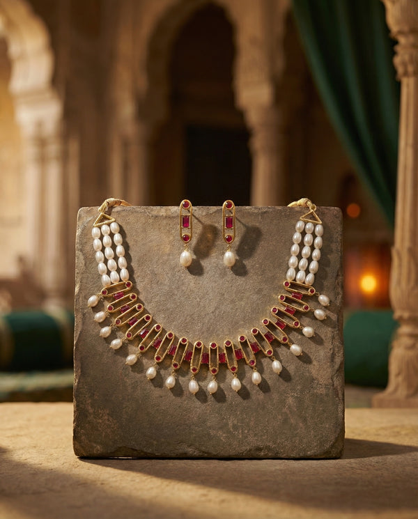 Imperial Ruby & Multi-Strand Pearl Necklace & Earrings Set