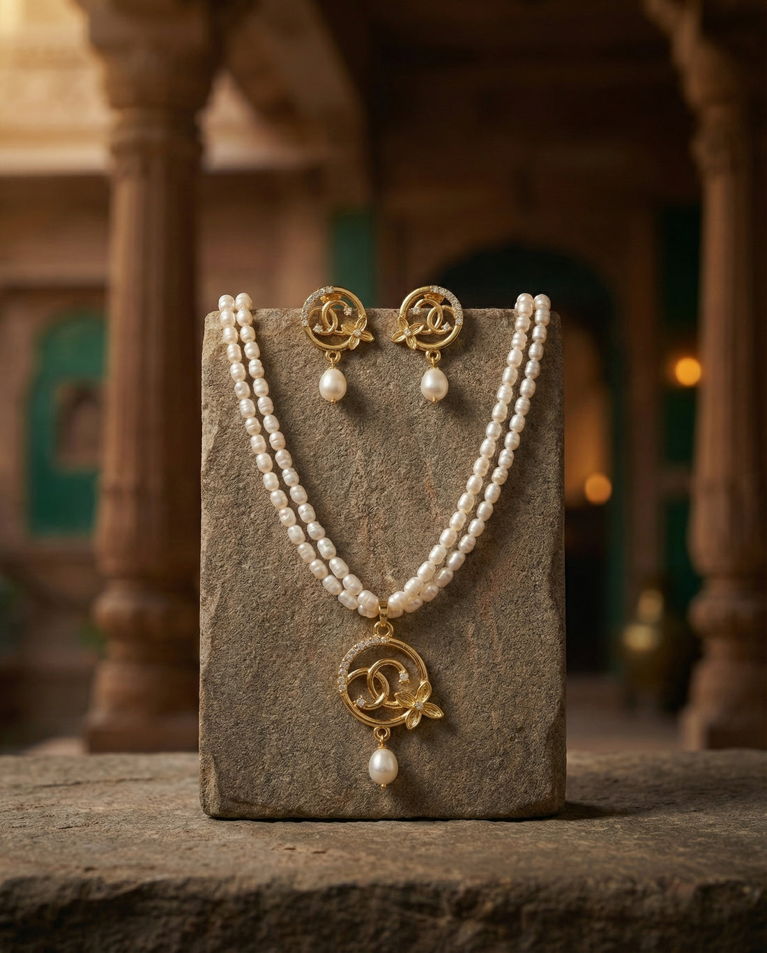 Elegant Dual-Strand Pearl Necklace & Earring Set