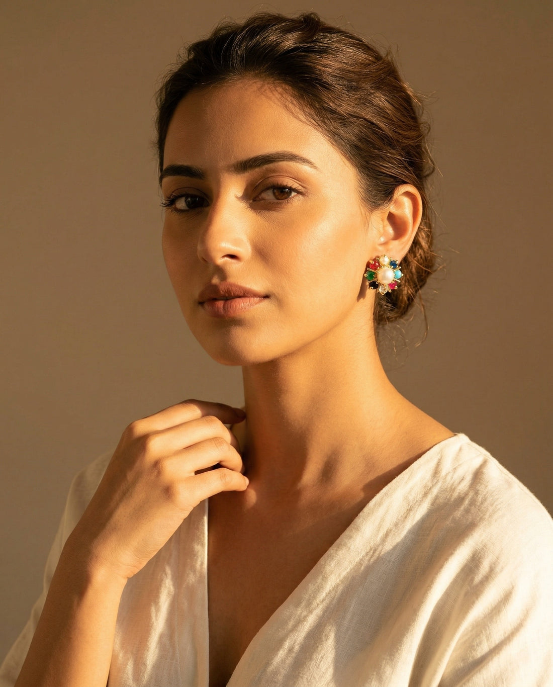 Navratna-Style Multi-Gemstone Starburst Pearl Studs