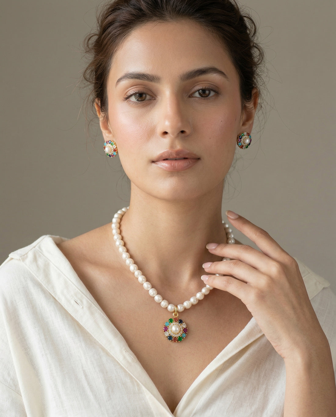 Multicolour Gemstone & Pearl Statement Jewellery Set
