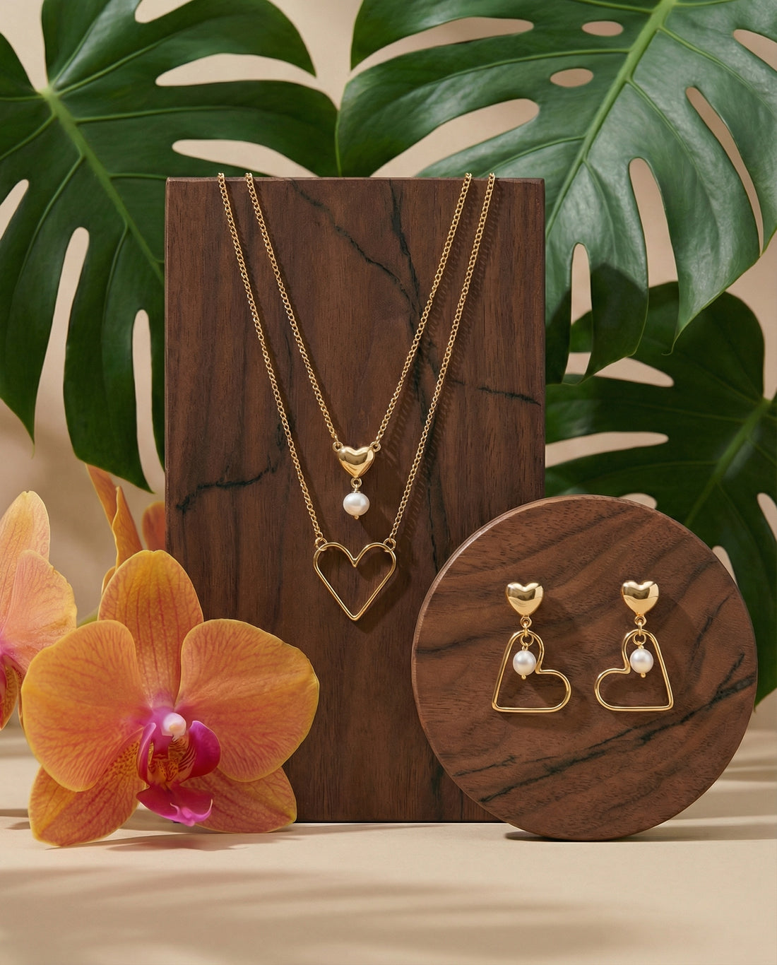 Elegant Heart & Pearl Gold-Plated Layered Necklace and Earring Set