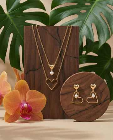 Elegant Heart & Pearl Gold-Plated Layered Necklace and Earring Set