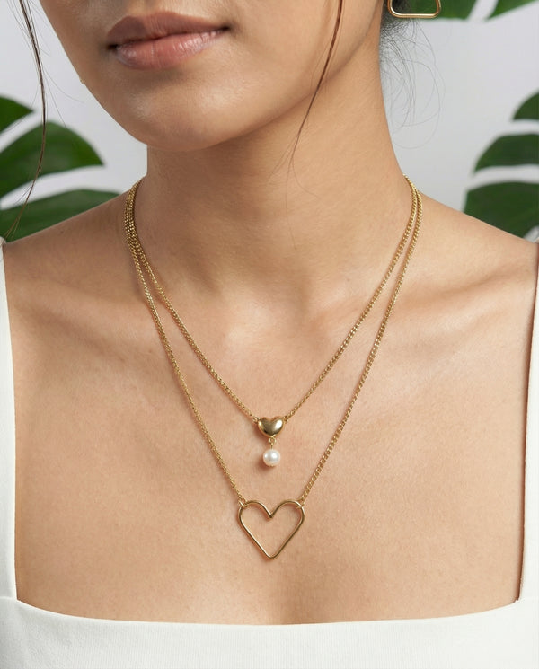 Elegant Heart & Pearl Gold-Plated Layered Necklace and Earring Set