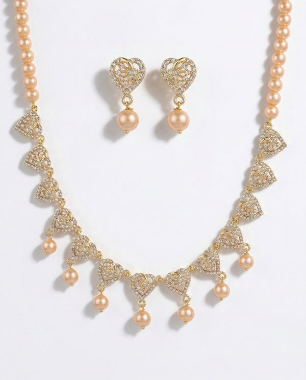 Radiant Heart-Motif Pink Pearl Necklace Set with CZ Earrings