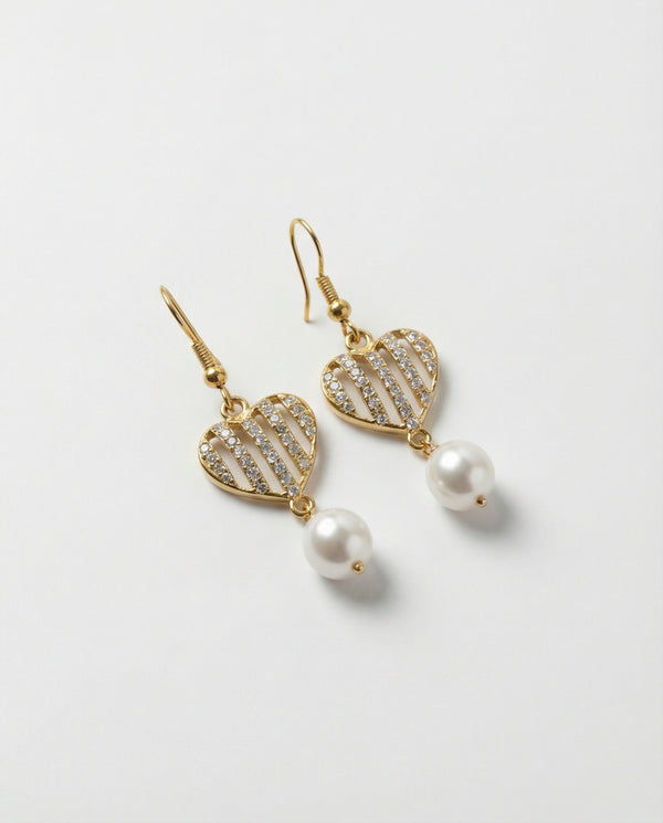 Gold-Plated Openwork Heart Drop Pearl Earrings