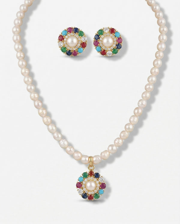 Multicolour Gemstone & Pearl Statement Jewellery Set