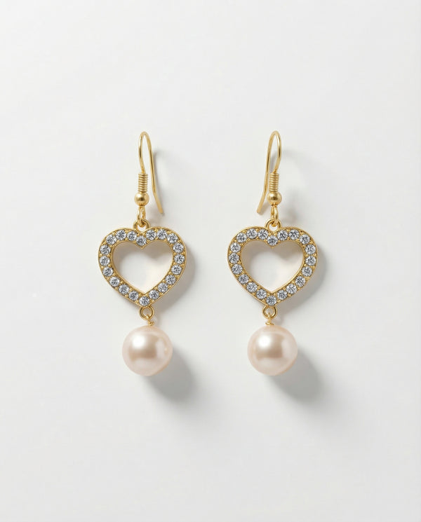 Golden Heart Halo Pink Pearl Drop Earrings