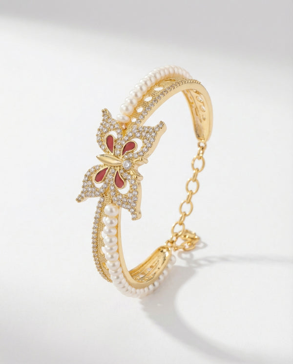 Ornate Gold Plated Butterfly Pearls Bangle