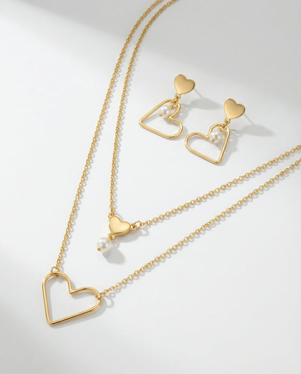 Elegant Heart & Pearl Gold-Plated Layered Necklace and Earring Set