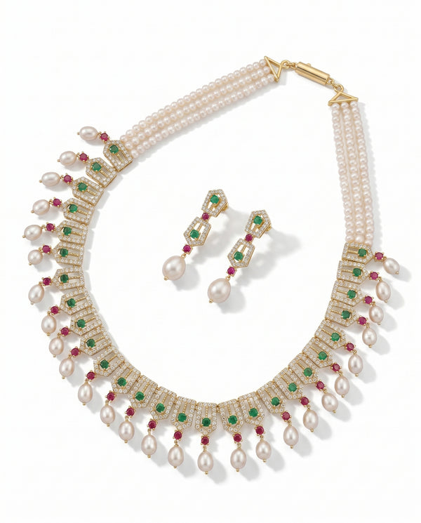 Royal Emerald & Ruby Multi-Strand Pearl Jewellery Set