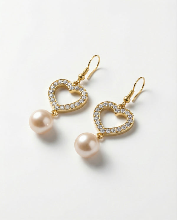 Golden Heart Halo Pink Pearl Drop Earrings