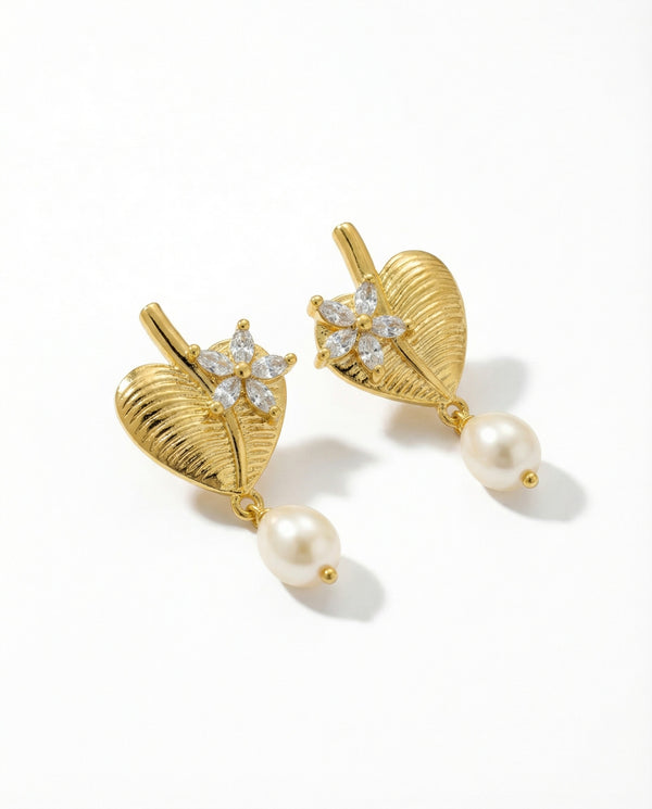 Gilded Leaf & Crystal Bloom Pearl Drop Earrings