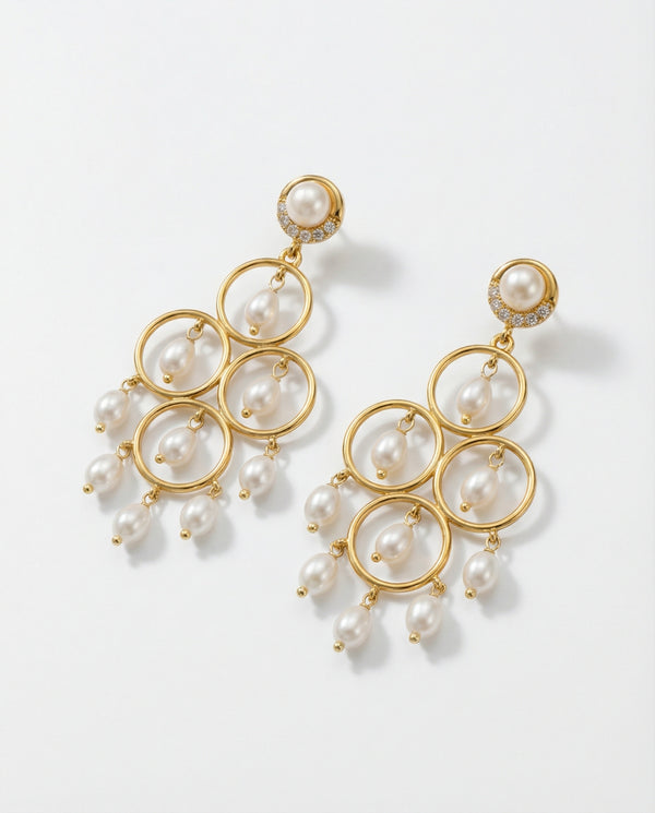 Golden Orbital Pearl Chandelier Earrings