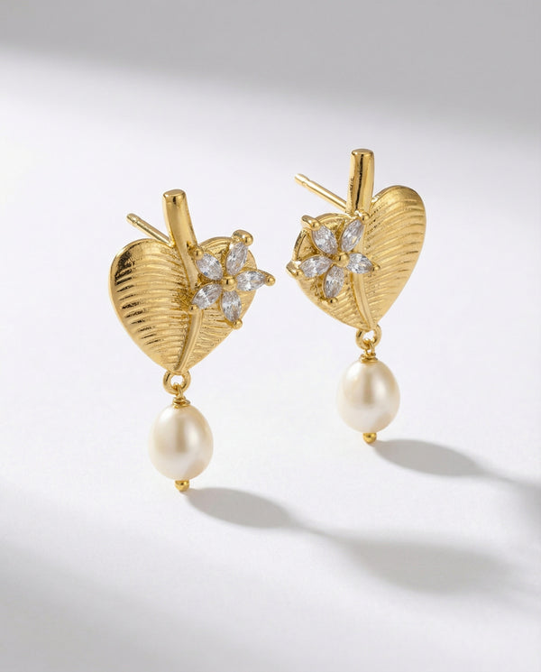 Gilded Leaf & Crystal Bloom Pearl Drop Earrings