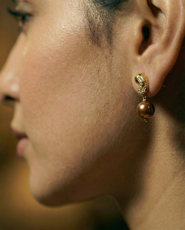 Abstract Gold Stem Pearl Earrings