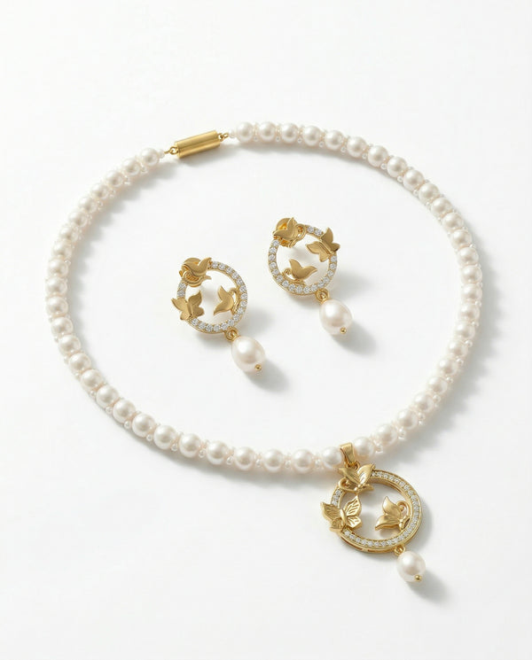 Golden Butterfly Pearl Set with CZ Accents