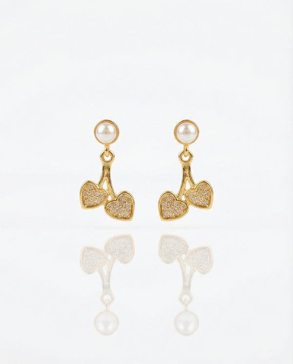 Gold-Plated Twin Heart Cherry Drop Pearl Earrings
