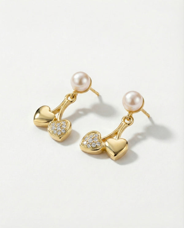 Gold-Plated Twin Heart Cherry Drop Pearl Earrings