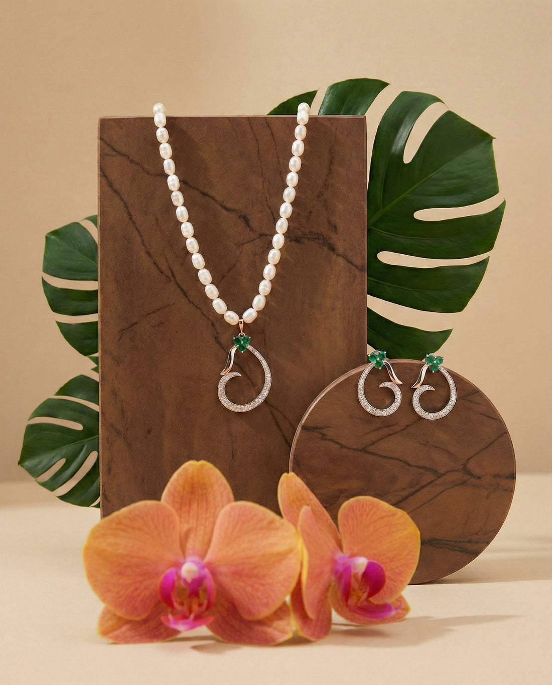 Swirl Pearl Necklace with Dangle Earrings Set