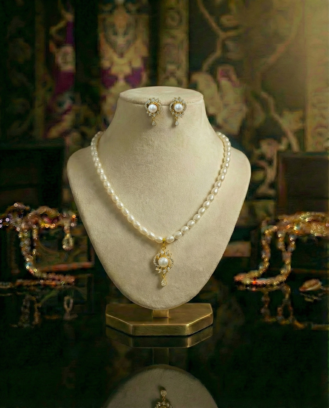 Gold Plated Royal Pearl & Floral Crystal Set