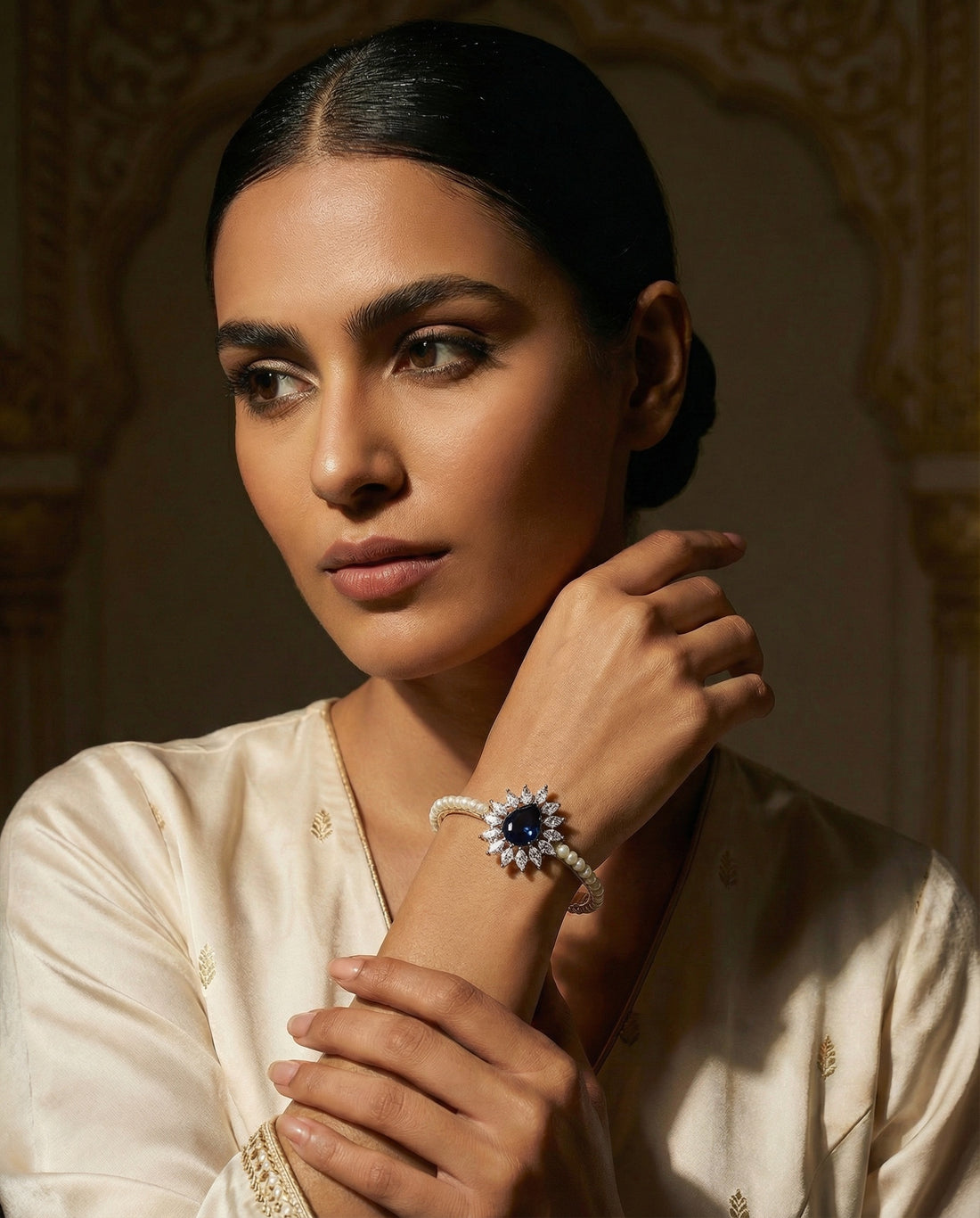 Royal Blue Sunburst CZ Pearl Bangle