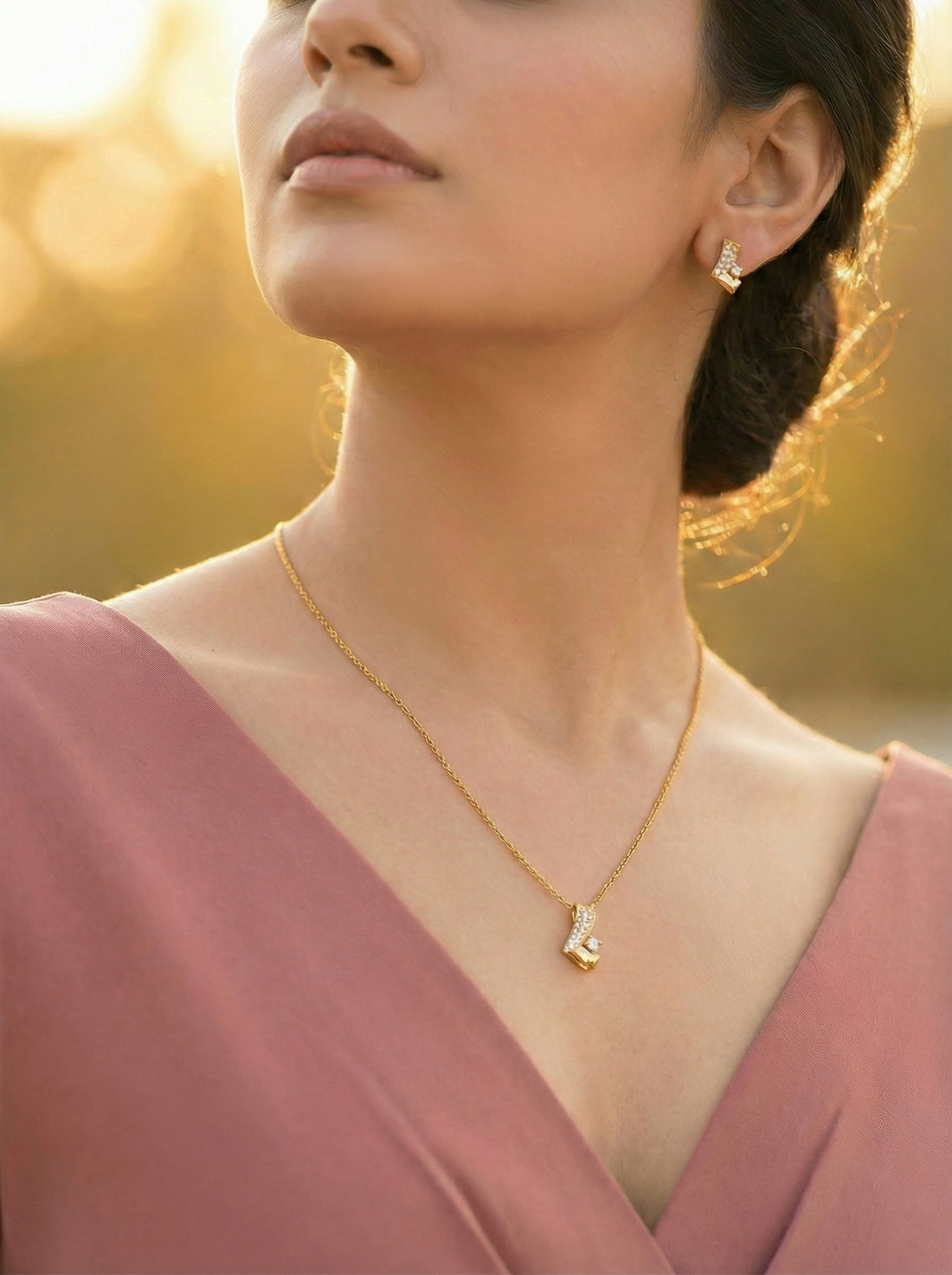 Gold Plated Sculptural "J" Silhouette Pendant Set