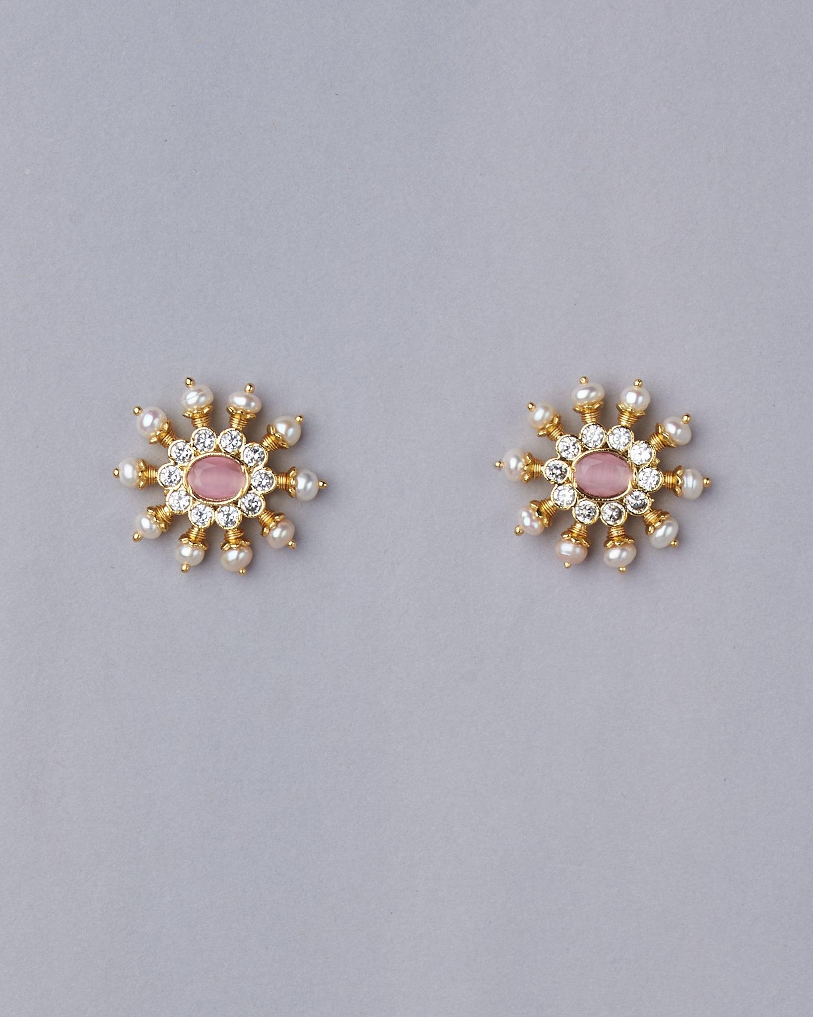 Pink White Sun Spokes Pearl Ear Studs - Chandrani Pearls