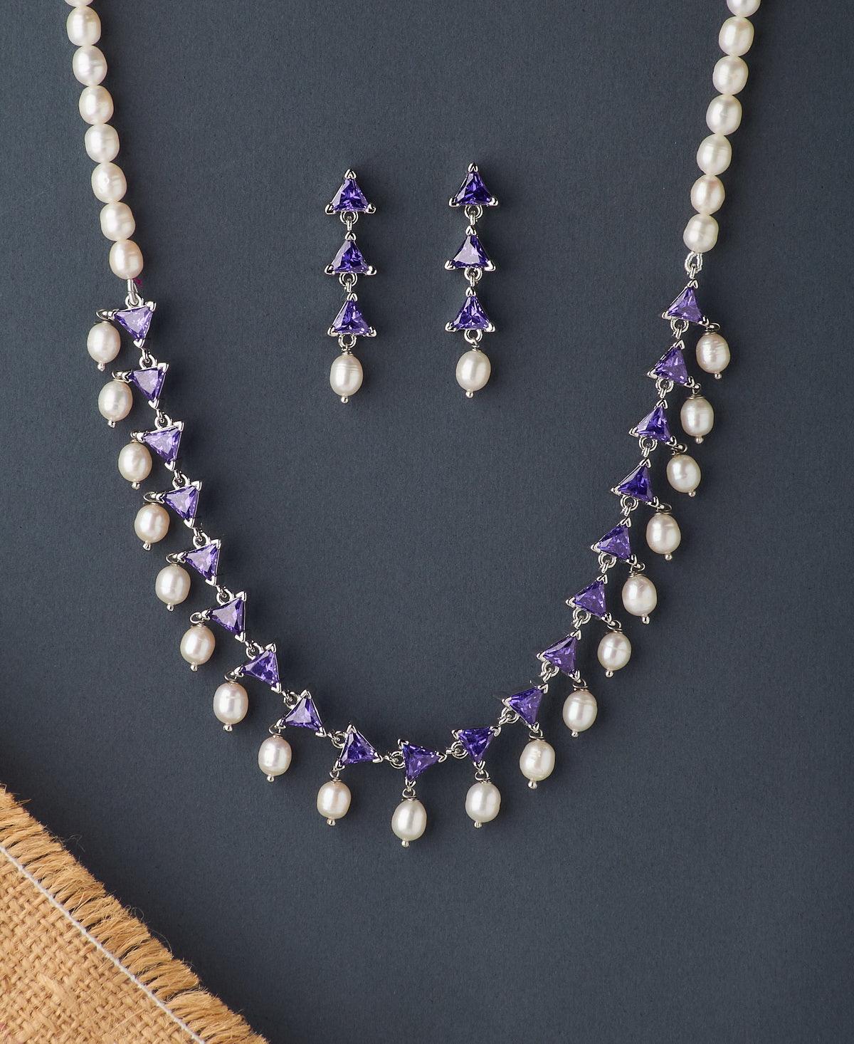 Pretty Tricon Stone Studded Pearl Necklace Set - Chandrani Pearls