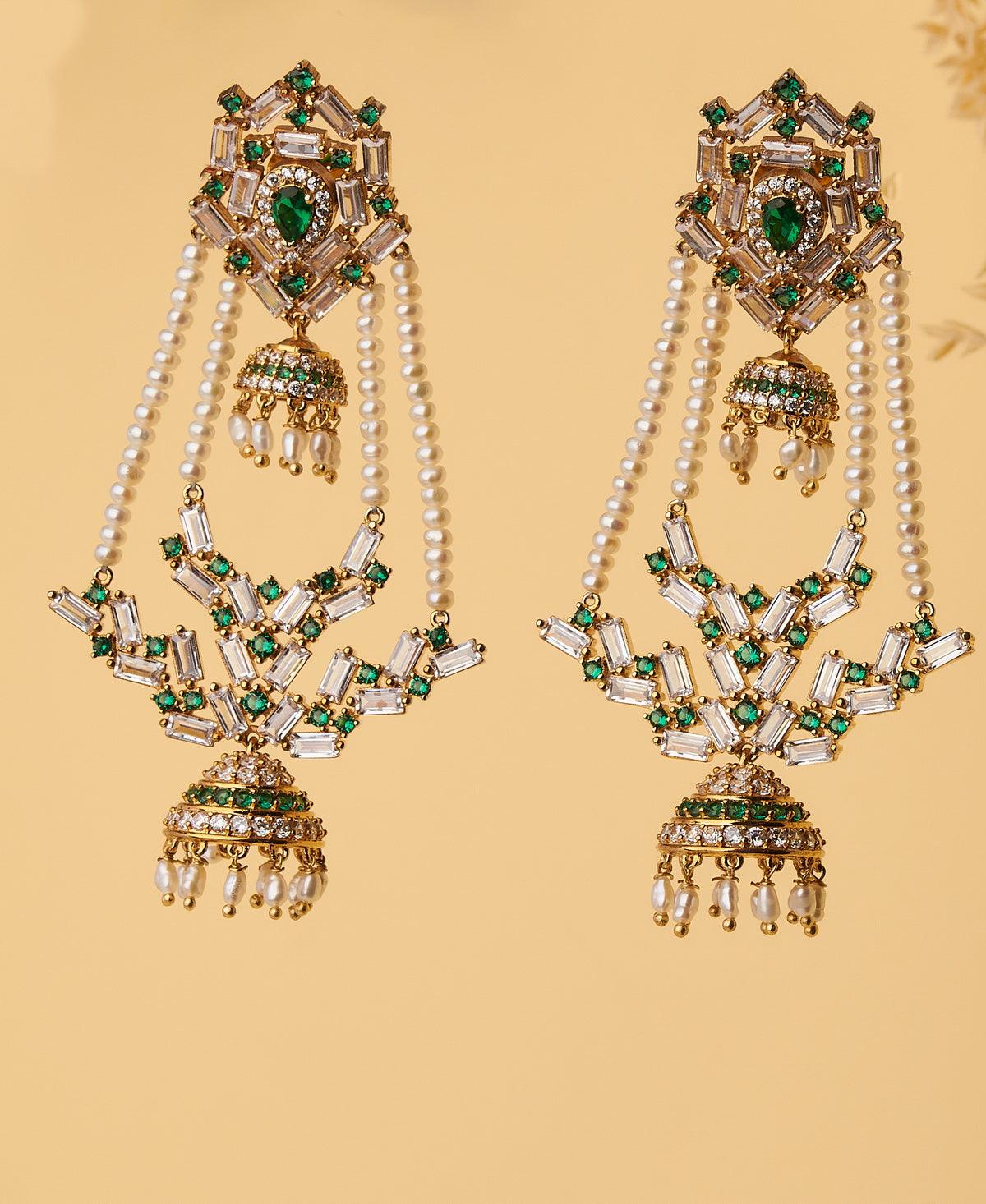 Rangabati Green Stones And Pearl Jhumkas - Chandrani Pearls
