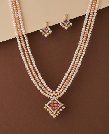 Regal Stone Studded Pearl Necklace Set - Chandrani Pearls