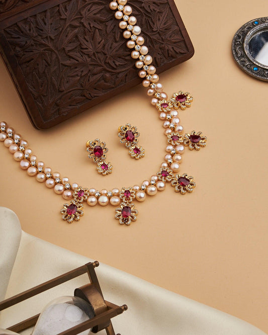 Rose Gold Pearl and Red Stone Necklace Set - Chandrani Pearls