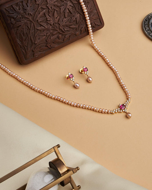Rose Gold Pearl Necklace With Red Stone Set - Chandrani Pearls