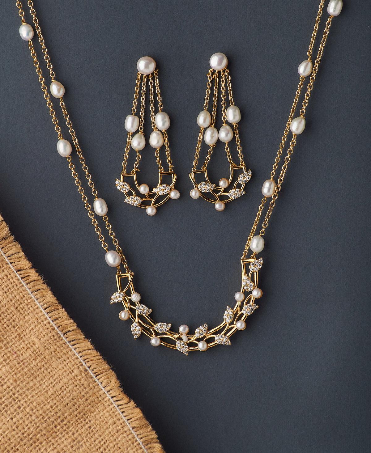Simple and Elegant Leaf Stone Studded Pendant Chain Set - Chandrani Pearls