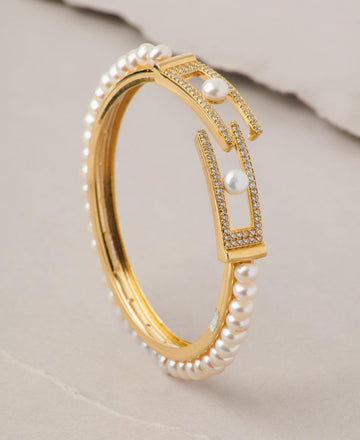 Statement Gold White Pearl Bangle - Chandrani Pearls
