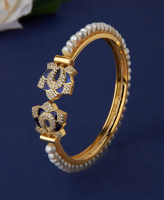 Stunning Floral Stone Studded Pearl Bangle - Chandrani Pearls