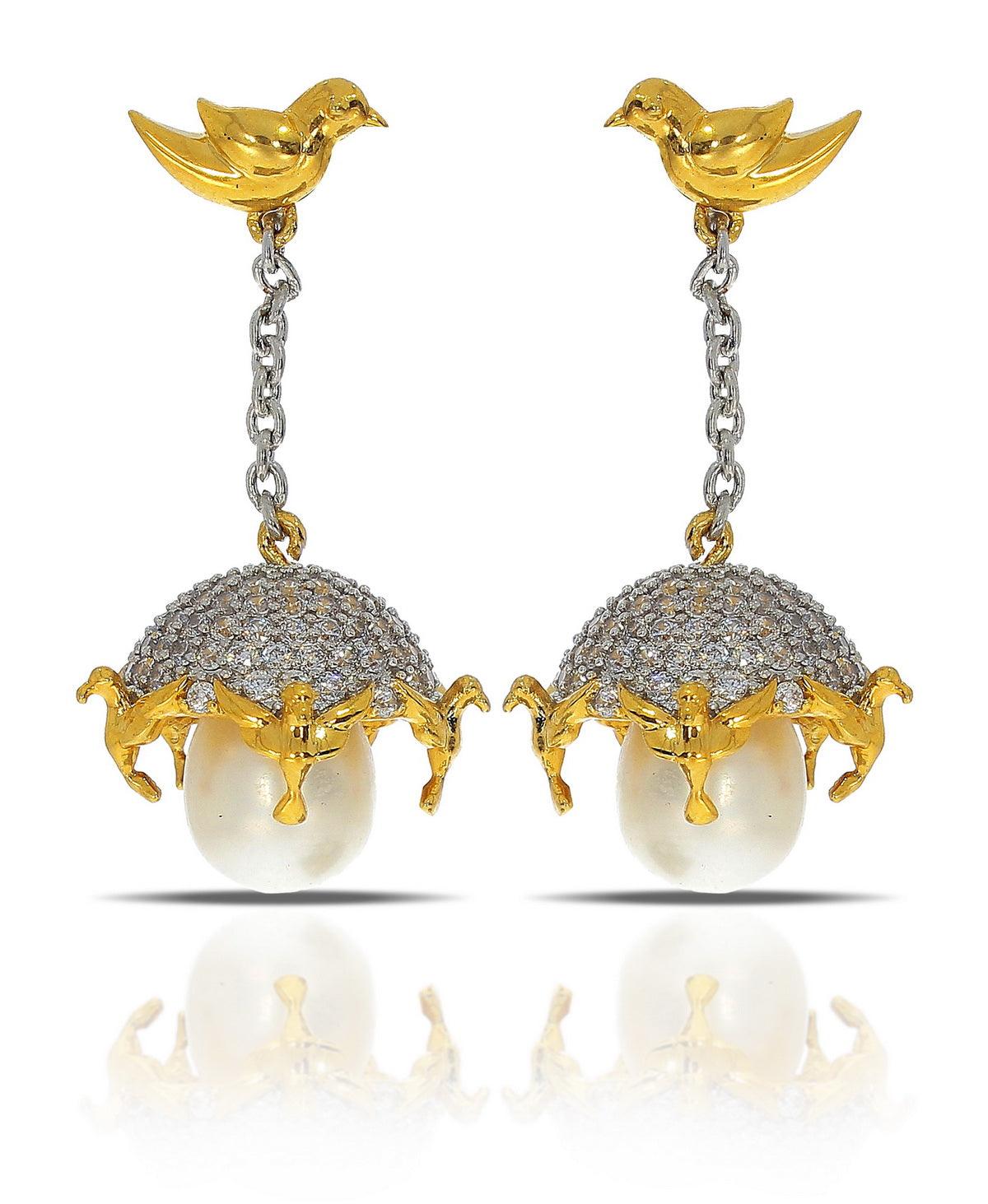 Traditional Bird Stone Studded Pearl Hanging Earrings - Chandrani Pearls