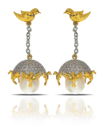 Traditional Bird Stone Studded Pearl Hanging Earrings - Chandrani Pearls