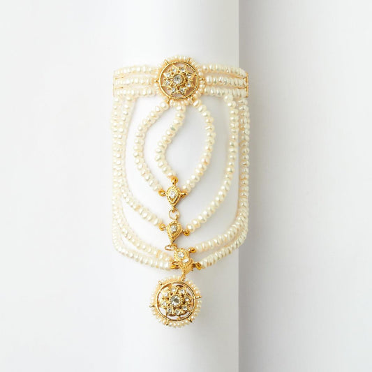 Traditional Floral Golden Stone Pearl Bracelet with Ring - Chandrani Pearls