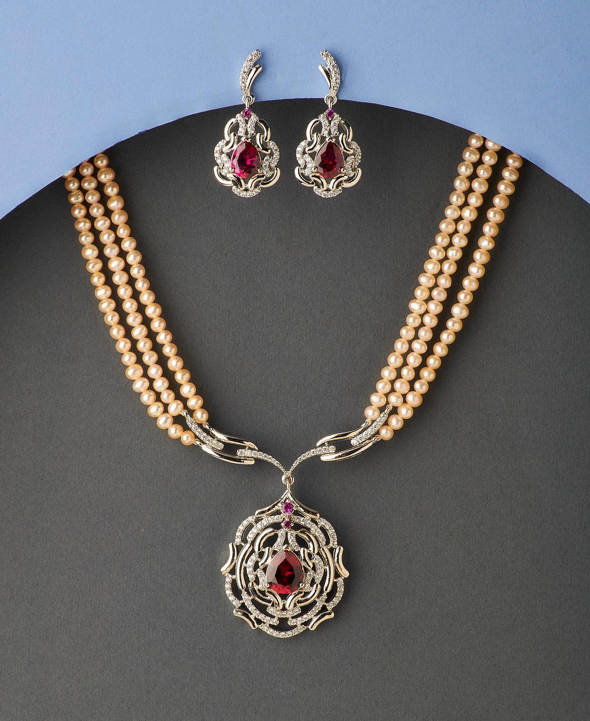 Traditional Stone Studded Pearl Necklace Set - Chandrani Pearls