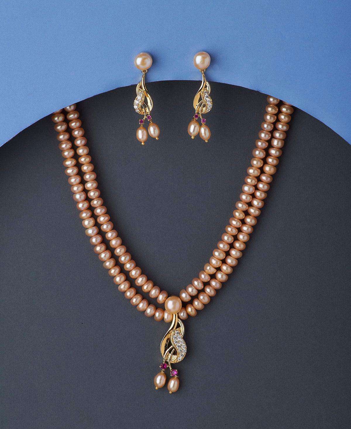 Trendy Stone Studded Pink Pearl Necklace Set - Chandrani Pearls