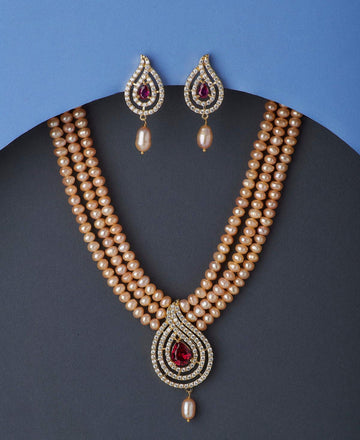 Trendy Stone Studded Pink Pearl Necklace Set - Chandrani Pearls